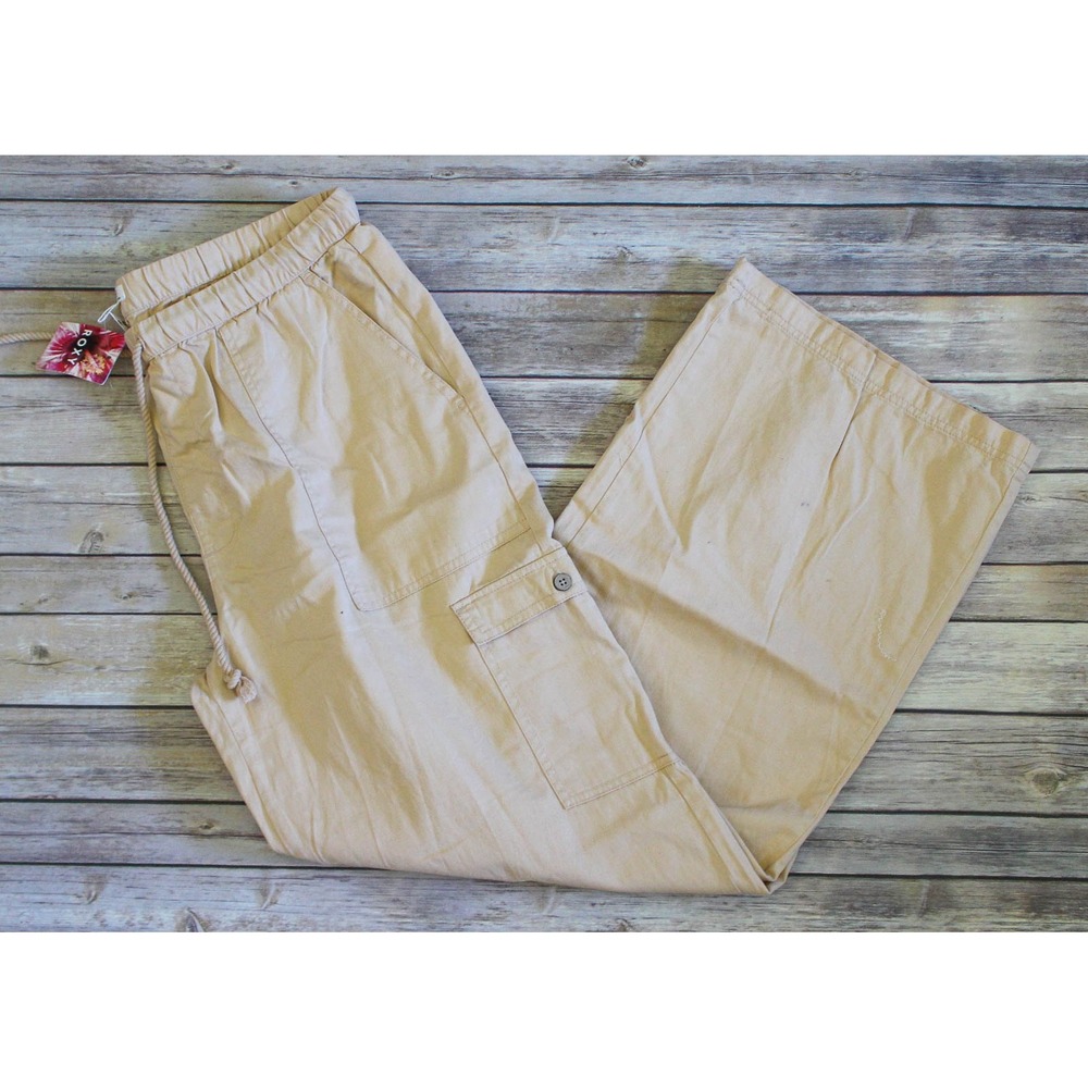 Roxy Cargo Pants Women XL Tan Wide Leg Elastic Waist Drawstring Relaxed Pockets